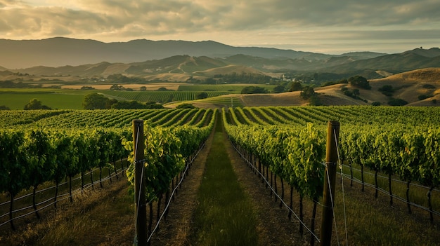 A scenic view of rows of grapevines stretching towards distant hills bathed in the golden light of a setting sun