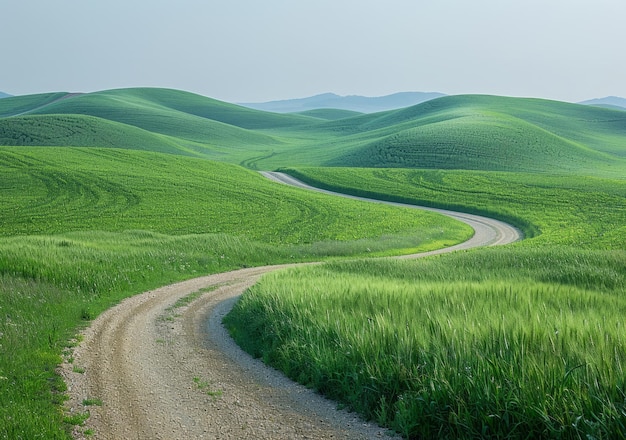 Scenic view of a rural road winding through green hills