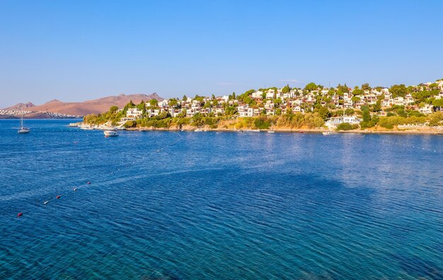 Scenic view of sea against clear blue sky