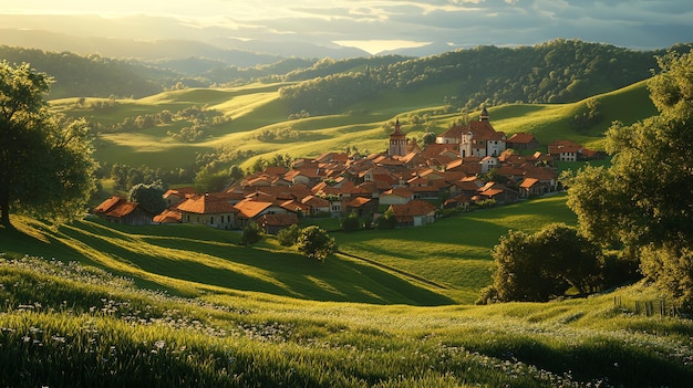 Photo scenic view of a small village nestled in rolling green hills at sunset