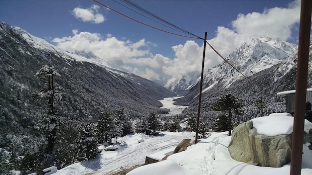 Scenic view of snow covered mountains against sky