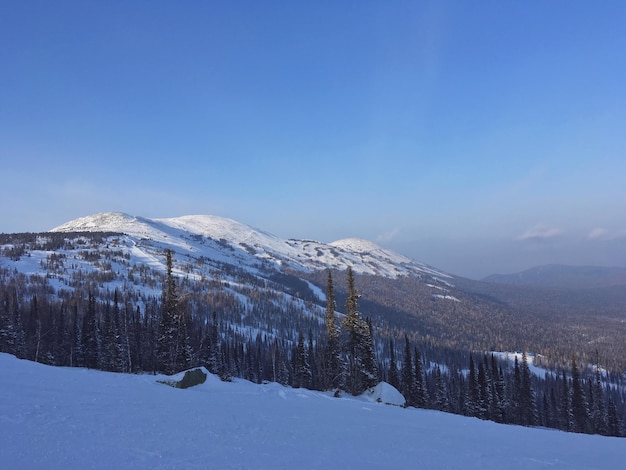 Scenic view of snow mountains against blue sky