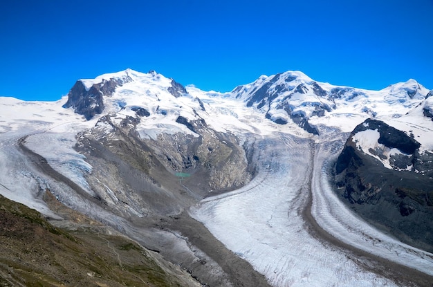 Scenic view of snowcapped mountains against clear blue sky