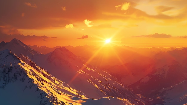 A scenic view of a snowcovered mountain range with a bright orange sunset