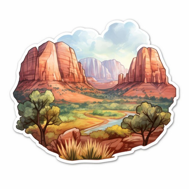 Photo scenic view sticker ancient canyon in vibrant watercolor style