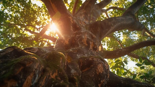 Photo scenic view of sunlight shining through trees in a forest tree trunk perspective