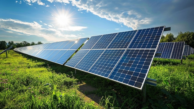 Scenic view of sunlit solar farm generating clean and sustainable renewable energy