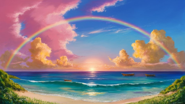 Scenic view of a sunset with a rainbow spanning the blue and pink sky yellow clouds