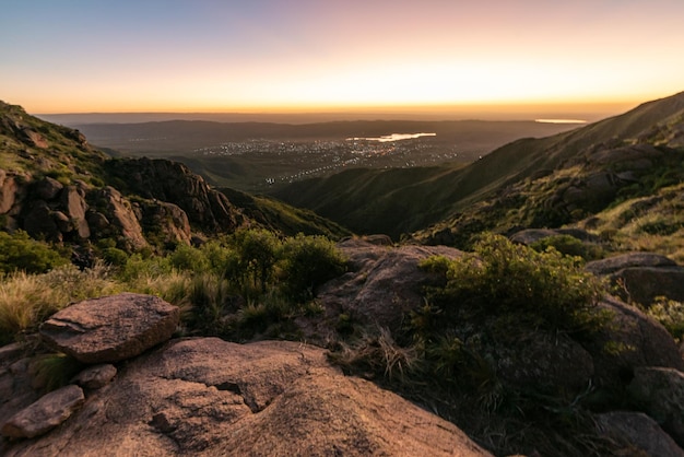 Scenic View of a Town from Mountain at Sunset Time in the Sierras de CordobaArgentina