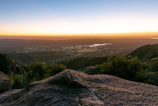 Scenic View of a Town from Mountain at Sunset Time in the Sierras de CordobaArgentina