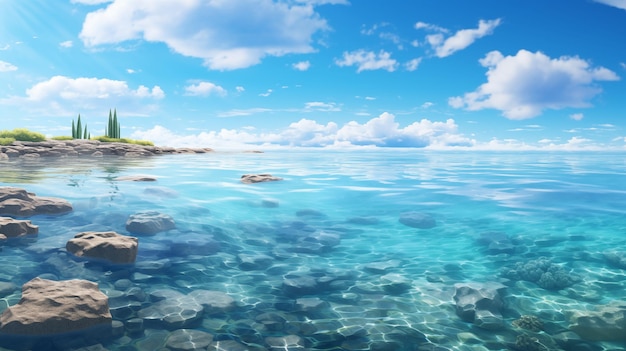 Scenic view of a tranquil sea with clear water rocks and cypress trees on a sunny day