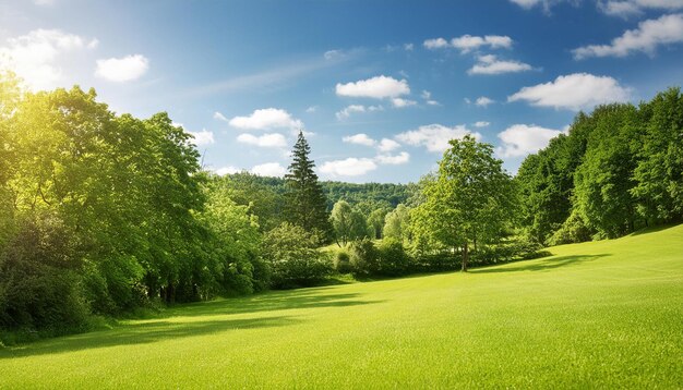 Photo scenic view of a tranquil summer setting with abundant greenery and a clear sky ideal as a