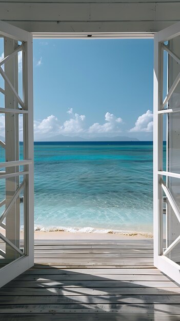 Scenic view of a tropical beach through an open door