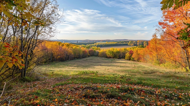 A scenic view of a valley with colorful fall foliage and a blue sky