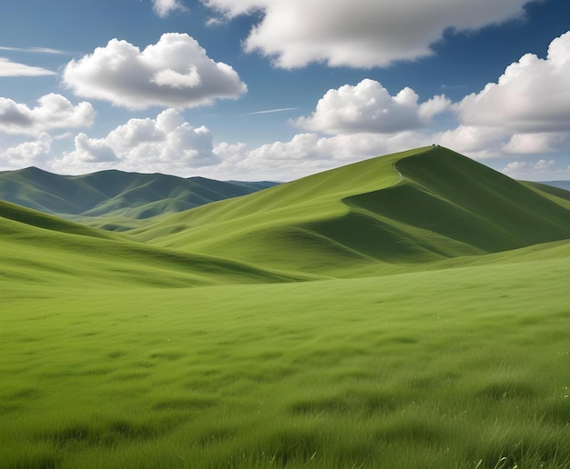 Scenic view of vibrant green rolling hills with a blue sky filled with fluffy clouds