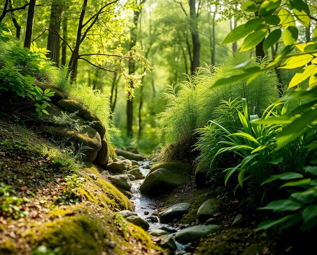 Photo scenic view of vibrant green wetlands with winding water paths and a small hut