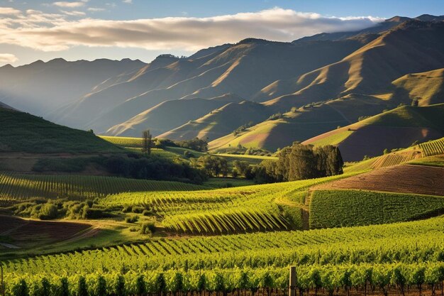 Photo a scenic view of a vineyard with mountains in the background