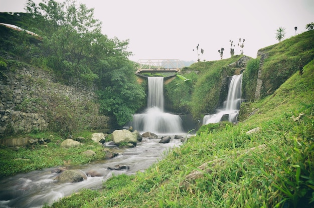 Scenic view of waterfall against clear sky