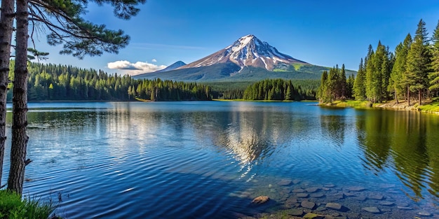 Photo scenic view of willow lake with mount mcloughlin in forced perspective