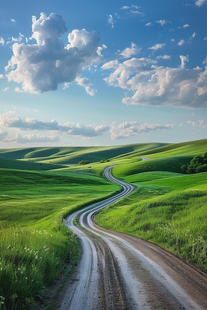 Scenic view of a winding road through green hills