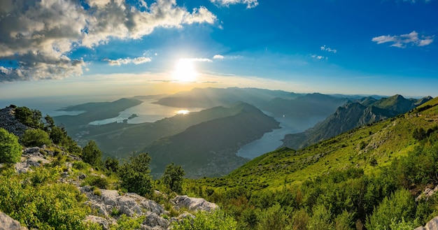 Scenic views of the Bay of Kotor open from a viewpoint on the top of the mountain