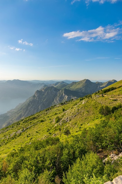 Scenic views of the Bay of Kotor open from a viewpoint on the top of the mountain