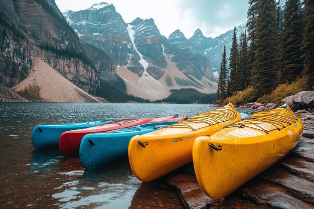 Scenic Water and Canoes with Mountain Backdrop photo