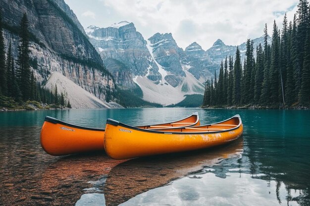 Scenic Water and Canoes with Mountain Backdrop photo