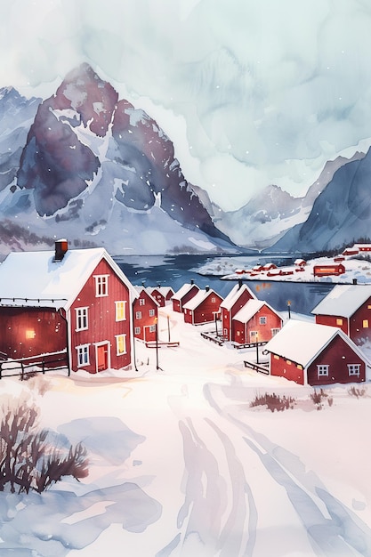 Scenic Watercolor Painting of Cozy Red Houses in Lofoten