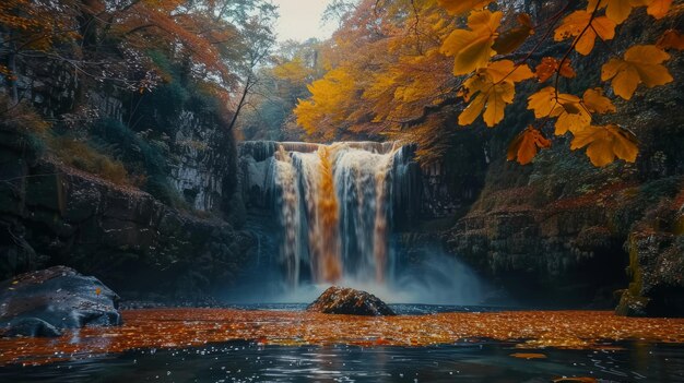 Photo scenic waterfall in autumn forest vibrant colors of nature