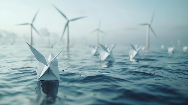 A scenic wind farm offshore with turbines harnessing the power of the ocean winds