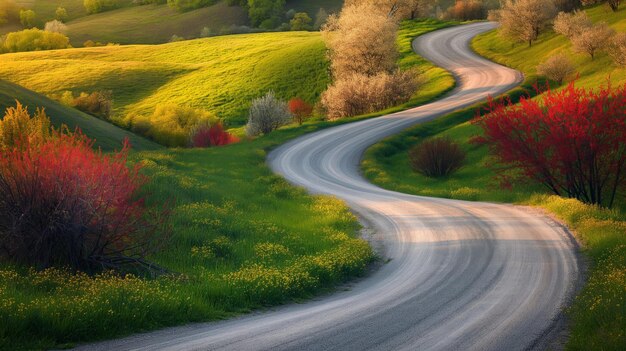 Photo scenic winding road meanders through lush countryside hills bathed in the warm glow of the setting sun