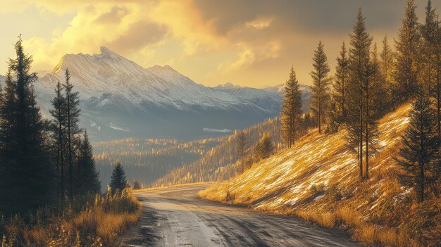 Scenic winding road through autumn forest and snowcapped mountains at sunset in a tranquil natural landscape