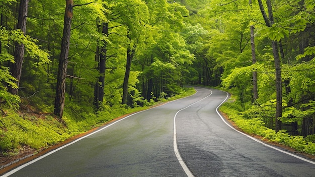 Scenic Winding Road Through Lush Green Forest Nature Travel Adventure Tranquil Pathway