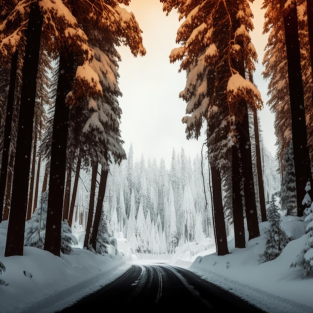 Scenic winter snow landscape with road in forest created using generative ai technology