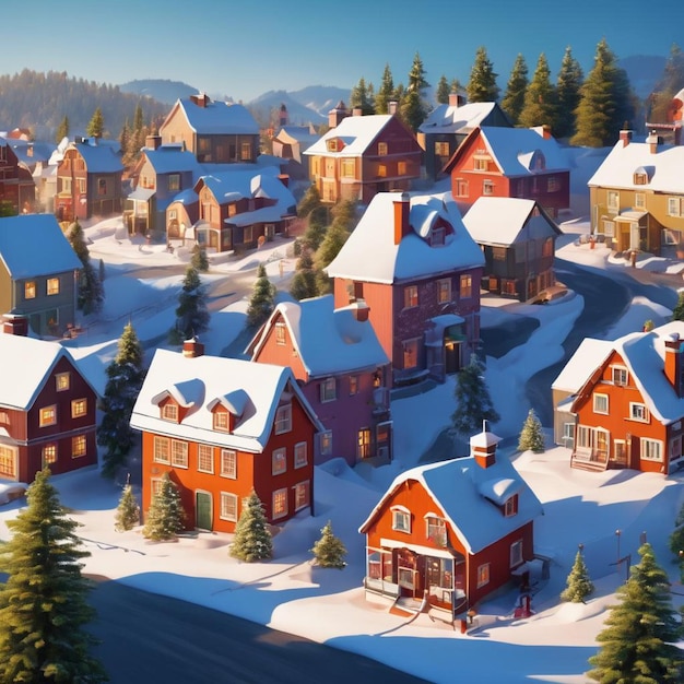 Scenic winter village nestled amidst snowcovered houses and trees