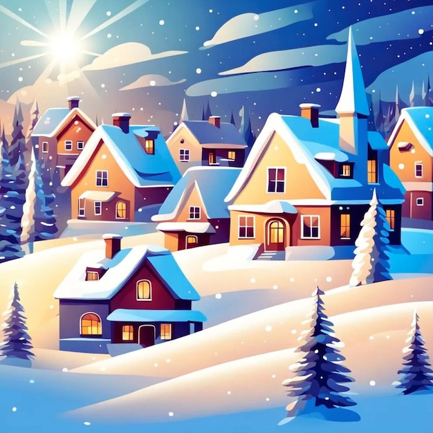 Scenic winter village with snowladen houses and trees