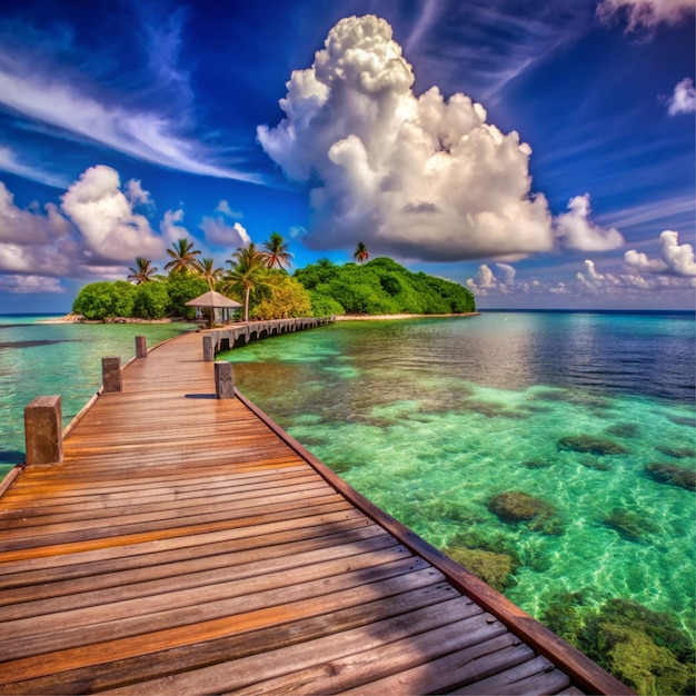 Scenic Wooden Walkway Over Turquoise Waters To Tropical Island