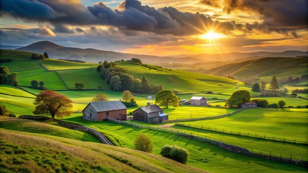 sceniv view at a nice farm in green fields in hills and highlands landscape of spring green hills with mountain bright sunset on backdrop