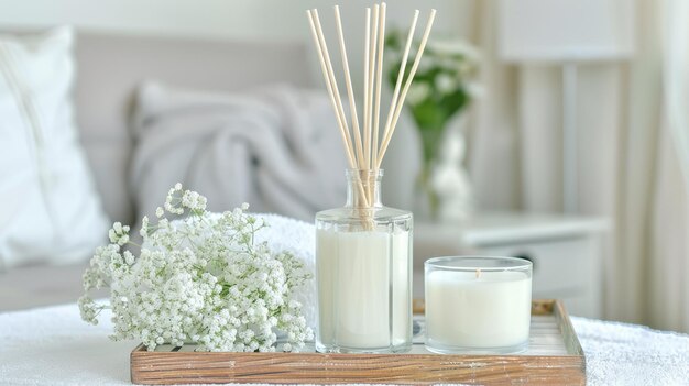 Photo scented candles and a diffuser sit on a wooden tray alongside fresh flowers creating a tranquil ambiance in a cozy living room