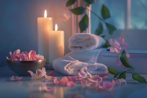 Scented Candles and Rose Petals Create a Relaxing Spa Atmosphere