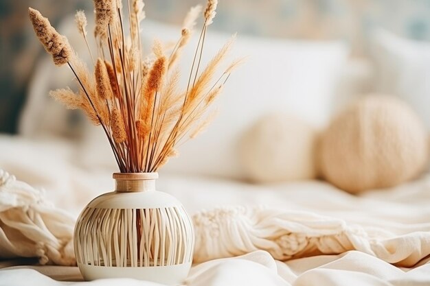 Photo scented reed diffuser and candle elegantly arranged on table in a beautifully decorated room