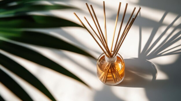 Photo scented reed diffuser featuring aromatic reeds for home use