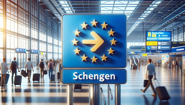 Schengen Area Sign in Modern Airport Terminal with Travelers