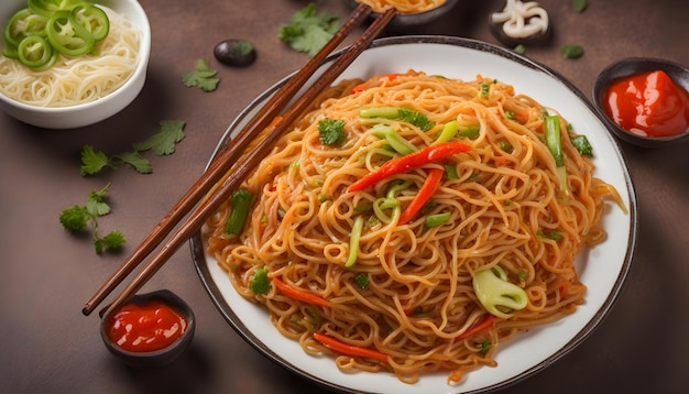 Schezwan Noodles or vegetable in the white plate