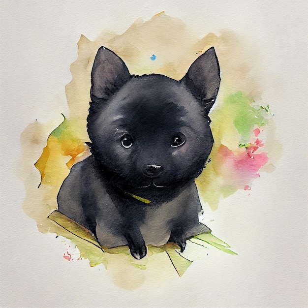 Schipperke. Adorable puppy dog. Watercolor illustration with color spots. All dog breeds