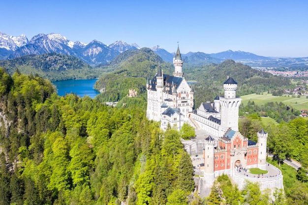 Schloss Neuschwanstein castle aerial view Alps landscape travel in Bavaria Germany