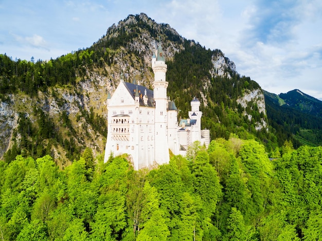 Schloss Neuschwanstein or New Swanstone Castle aerial panoramic view. Neuschwanstein Castle is a Romanesque Revival palace in Hohenschwangau village near Fussen in Bavaria, Germany.