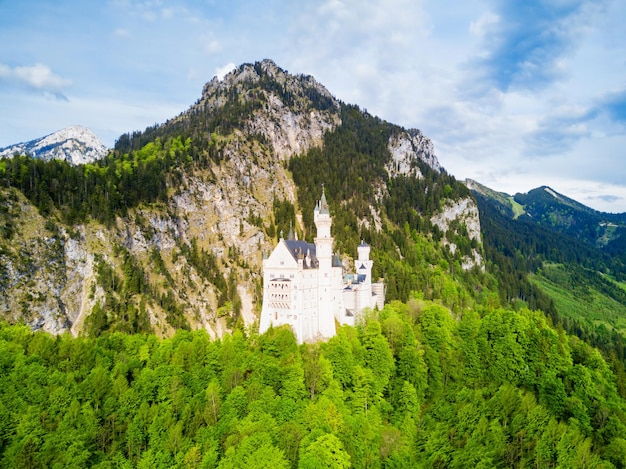 Schloss Neuschwanstein or New Swanstone Castle aerial panoramic view. Neuschwanstein Castle is a Romanesque Revival palace in Hohenschwangau village near Fussen in Bavaria, Germany.