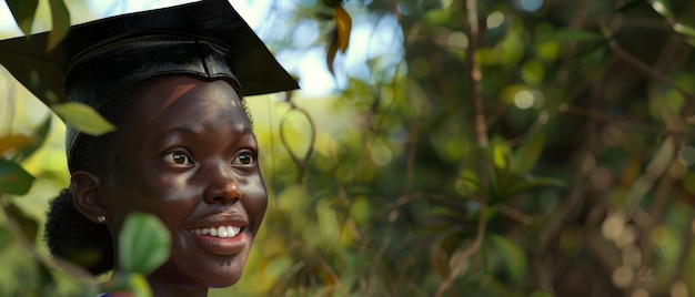 Scholar in cap and gown radiating accomplishment amidst a natural setting inspiration rendered